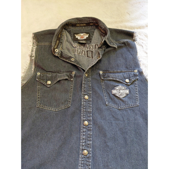 Harley Davidson Sleeveless Distressed Denim Button Shirt Vest Men's Size Large - Picture 4 of 8